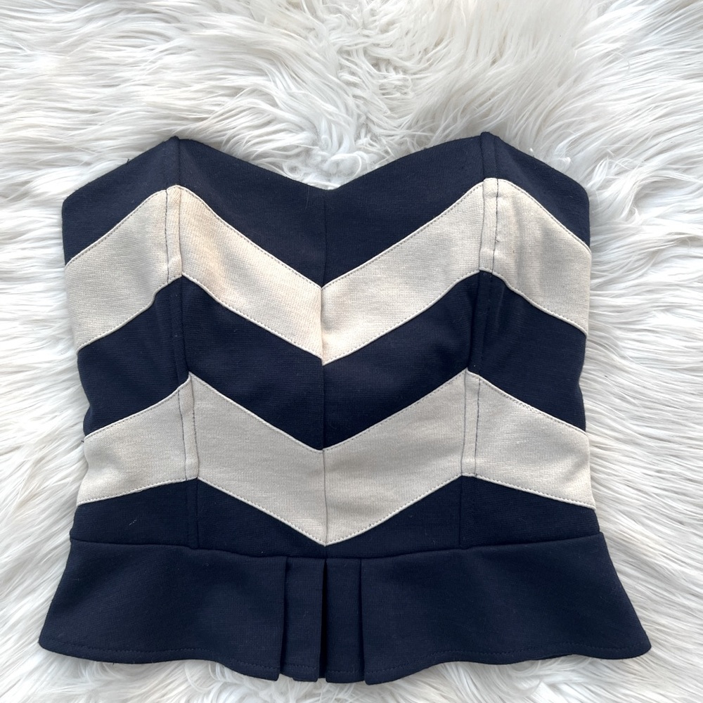 Navy Cream Chevron Peplum Strapless Crop Boned Bustier Corset Top